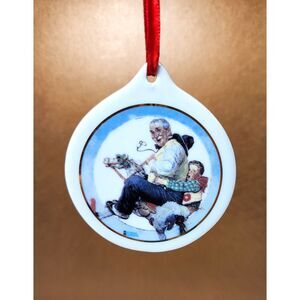 Vtg. Norman Rockwell Christmas Ornament "Gramps at the Reins" Porcelain Disc